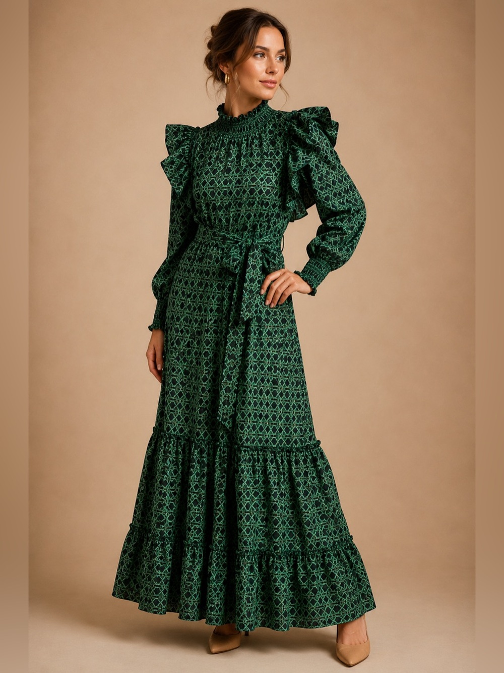 A Loves A Voile Lattice Print Cotton Long Sleeve Smocked Tie Maxi Dress XL